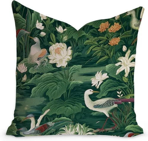 Cojín de cojín de loto verde con grúa de cisne, pájaros, jardín, lirio de agua, ninfaea, floral, cuadrado, chinoiserie, europeo, almohada de 22 x 22
