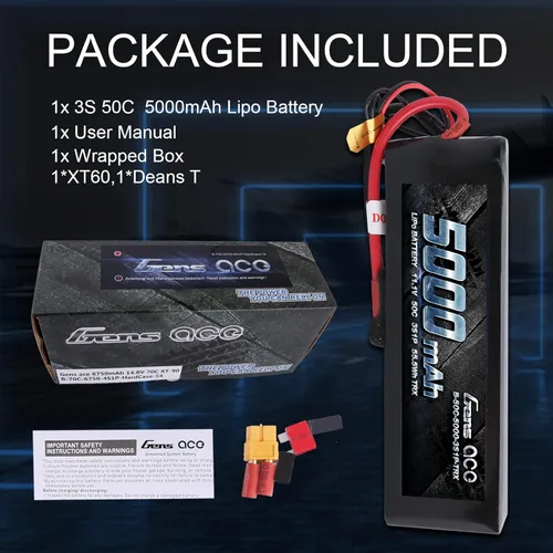 Vista 6 de Gens ace 5000mAh 11.1V 3S 50C 3 Cell LiPo Battery Pack with XT60 and T Plug (Updated) for TRX RC Cars Slash vxl Slash 4x4 vxl E-maxx Brushless Axial