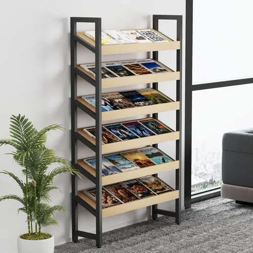 6-Tier Floor Standing Magazine Rack, Heavy Duty Steel Literature Stand with 38° Slant and 2.75" Lip, Magazine Display Rack & Brochure Display for