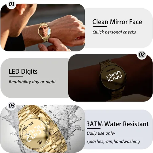 Vista 5 de Reloj digital, correa de acero inoxidable, esfera grande de 40 mm con espejo y números LED, reloj de moda sin funciones inteligentes