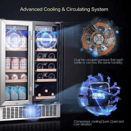 Vista 3 de AAOBOSI Refrigerador de bebidas y vino de 24 pulgadas, doble zona, refrigerador 2 en 1 con control de temperatura independiente, luz LED