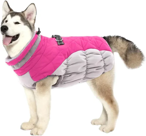 Vista 9 de Lelepet Abrigo para perro con arnés impermeable para perro, cuello alto reflectante y ajustable, chaleco de forro polar cálido para invierno, Verde