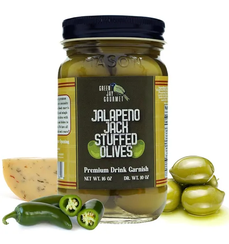 Vista 9 de Green Jay Gourmet Aceitunas Rellenas de Queso Jalapeño Jack – Aceitunas Verdes Rellenas de Queso para Guarnición de Cóctel y Tabla de Quesos