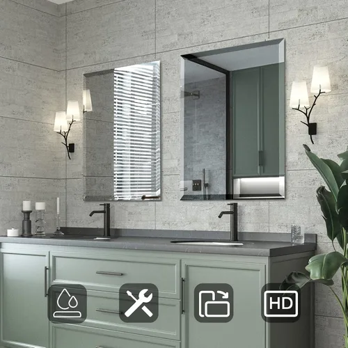 Vista 2 de Mirrorons Espejo biselado, espejo de pared de 24 x 32 pulgadas, espejo rectangular sin marco para tocador de baño con borde biselado, se cuelga