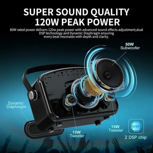 Vista 3 de Amplificador de voz potente de 120 W con 2 micrófonos UHF, altavoces Bluetooth con ajuste de graves/trable/eco, sistema de altavoces PA pequeño