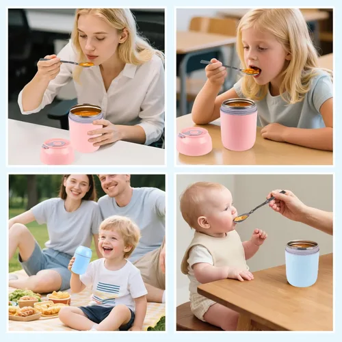 Vista 8 de Recipiente aislado para comida caliente con cuchara plegable, lonchera Bento de acero inoxidable al vacío de 16 onzas para adultos, tarros térmicos
