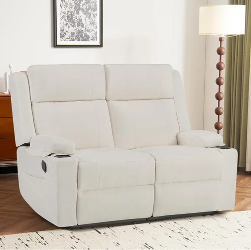 Vista 9 de Sofá biplaza reclinable manual, sofá reclinable de 2 plazas con portavasos, sofá reclinable de tela para sala de estar/RV (negro)