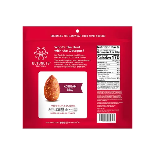 Vista 2 de Octonuts Almendras coreanas para barbacoa: 12 paquetes de bocadillos envueltos individualmente (1 onza cada uno), aperitivos saludables para adultos