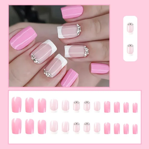 Vista 6 de Uñas postizas a presión medianas con pegamento para uñas, punta francesa, diseño de diamantes de imitación brillantes, cuadradas, uñas acrílicas