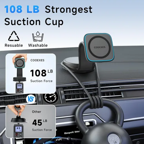 Vista 5 de for MagSafe Car Mount Charger with 15W Fast Wireless Charging, Magnetic Car Phone Holder 【Windshield+Vent+Dash】 with Bendable Memory Alloy Arm