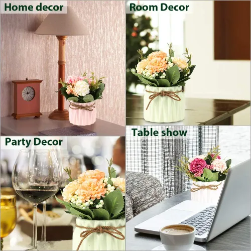Vista 7 de SUPNIU Ramo de hortensias artificiales con pequeño jarrón de cerámica de seda falsa, bolas de flores variadas, decoración de flores para mesa, Azul