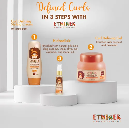 Vista 3 de ETNIKER - Kit de definición de cabello rizado y ondulado con textura afro, gel, hidroelixir y crema de peinado Control, nutrir, definir Coco