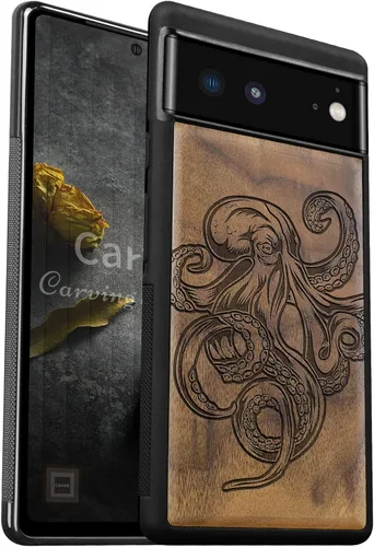 Vista 17 de Carveit Funda de madera para Pixel 6a [madera natural y TPU suave negro] a prueba de golpes, funda de madera única compatible con Google Pixel 6a