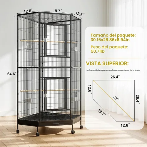 Vista 2 de Jaula grande para pájaros de 64 pulgadas con ruedas, jaulas para pájaros