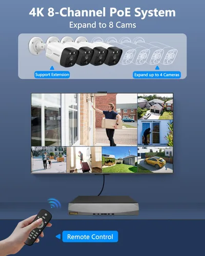 Vista 7 de OOSSXX 4K/8.0 Megapíxeles y 130° Ultra Gran Angular Audio Bidireccional PoE Sistema de Cámara de Seguridad para Hogar Exterior Cableado Sistema