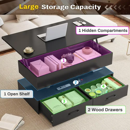 Vista 4 de SEDETA Mesa de centro elevable de 40 pulgadas, mesas de centro con almacenamiento para sala de estar, mesa de centro pequeña con 2 cajones y luz LED