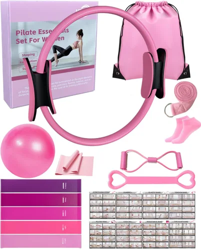 Vista 9 de Home Pilates Essentials Set de equipo de pilates para mujer con guía de usuario completa, anillo de pilates de 13 pulgadas, pelota de ejercicio