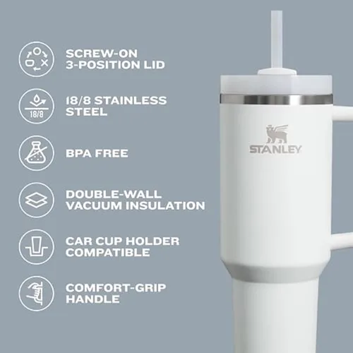Vista 3 de STANLEY Quencher H2.0 - Vaso con pajilla, tapa de 3 posiciones Flowstate de 30 onzas, compatible con portavasos para viajes, vaso de acero Cuarzo