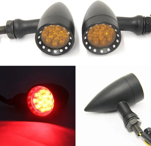 Vista 13 de 2 luces LED de color negro 15 para motocicleta, luz de freno, intermitente, luz ámbar para Harley Honda Chopper, luz ámbar
