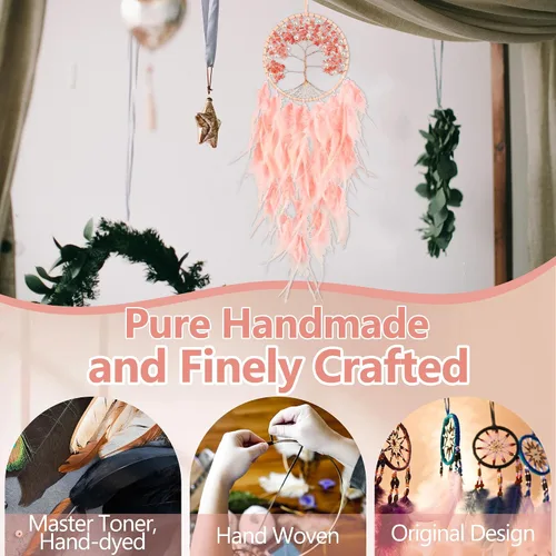 Vista 4 de Atrapasueños grandes del árbol de la vida, plumas de gallo rosa con ágata roja, atrapasueños de chakras hecho a mano para dormitorio, un Rosa