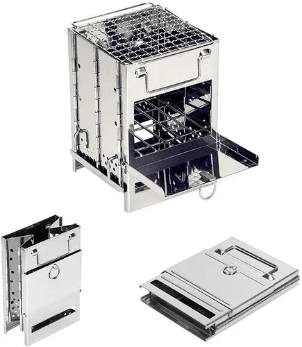 Vista 2 de Estufa de leña plegable para acampar con parrilla, estufa de campamento plegable para mochileros, estufa de supervivencia de acero inoxidable