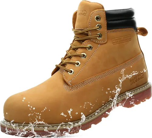 Vista 9 de Botas de trabajo para hombre, impermeables, con puntera suave, antideslizantes, cómodas, botas de trabajo de cuero