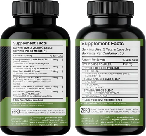 Vista 2 de Gade Nutrition Ashwagandha con raíz de maca, hierba de cabra cachonda, turkesterona, tribulus terrestris, panax ginseng + refuerzo de óxido nítrico
