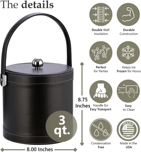 Vista 4 de Kraftware Cubo de hielo con mango cosido, tapa de tela y perilla de bola Astro cromada, color negro, 3 cuartos de galón