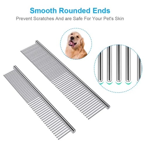 Vista 2 de Cafhelp Paquete de 2 peines para perros con extremos redondeados de acero inoxidable, peine para gatos para eliminar enredos y nudos, herramienta