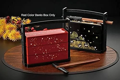 Vista 3 de JapanBargain 1950, lonchera japonesa Bento Box de tres niveles con palillos de plástico tradicional lacado Sakura patrón de flor de cerezo hecho