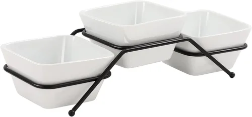 Buyajuju Juego de 3 piezas de cuencos cuadrados de porcelana para chips y salsa con soporte de metal negro, cuencos pequeños de 4.5 pulgadas blancos