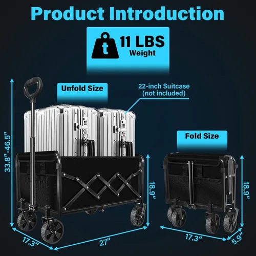 Vista 2 de Carro plegable con ruedas: Carro de utilidad plegable de 360LBS de alta resistencia - Carro de compras portátil todo terreno para compras de Negro