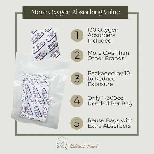 Vista 4 de Bolsas de Mylar 100 bolsas de pie de 9.5 mil de grosor, 130 absorbentes de oxígeno, 300 cc herméticas, almacenamiento de alimentos para suministro