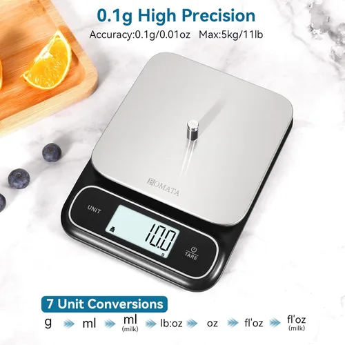 Vista 2 de BOMATA Balanza de cocina impermeable IPX6, precisión alta de 0.1 g/0.01 oz, 5 kg/11 lbs, balanza digital con luz de fondo, plataforma de pesaje