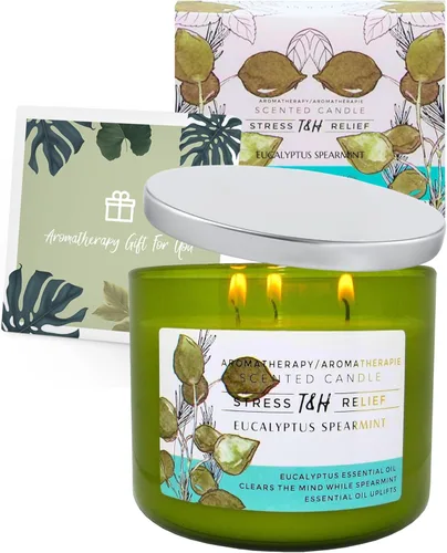 Vista 6 de Vela perfumada de eucalipto de menta verde Vela de soja grande de 3 mechas de 15.8 onzas Vela de aromaterapia calmante para el hogar Aroma