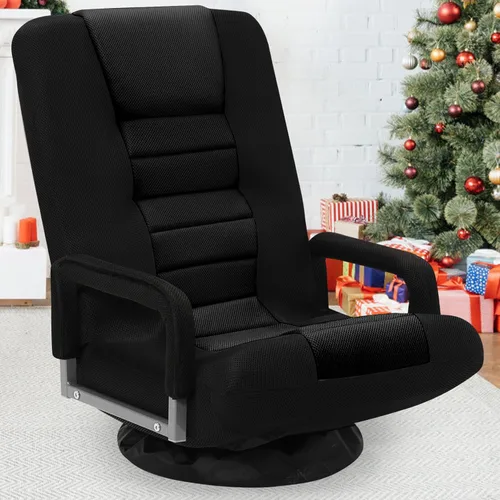 Vista 2 de Silla de juegos giratoria de piso con reposabrazos, sofá reclinable plegable de video con 6 posiciones ajustables, respaldo acolchado y cojín, sofá