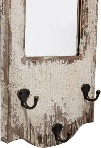 Vista 6 de Espejos rústicos de pared arqueados para entrada con 3 ganchos de metal de 12 x 22 pulgadas, para colgar con marco de madera blanca envejecida