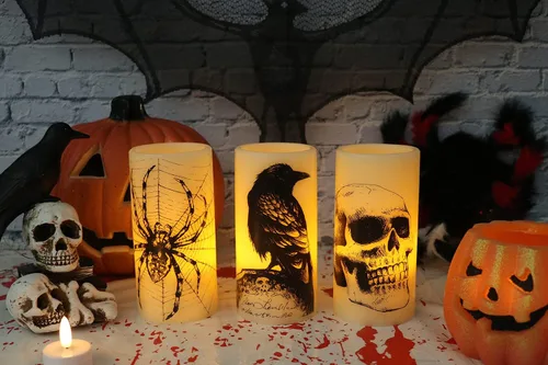 Vista 9 de Eldnacele Velas LED sin llama parpadeantes de Halloween, funcionan con pilas, con temporizador de 6H, calcomanías de calavera, telaraña, cuervo