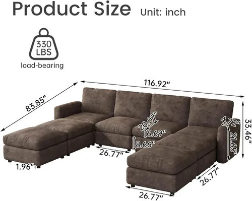 Vista 24 de Guyii Sofá modular de terciopelo, moderno sofá de 4 plazas de gran tamaño con 3 almohadas y reposapiés de almacenamiento, sofá convertible de 115.74