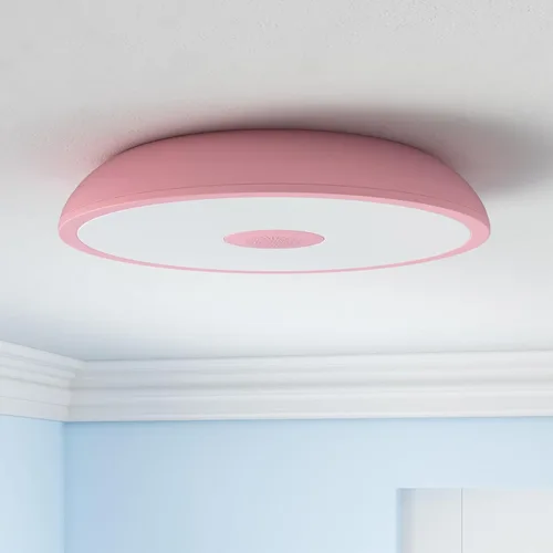 Vista 2 de Lámpara de techo LED impermeable rosa, lámpara de techo de música, con altavoz Bluetooth, 11 pulgadas, 18 W, 2700K-6500K regulable RGB luz cambiante