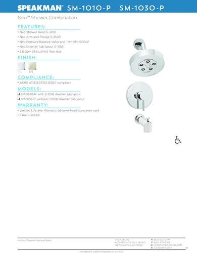 Vista 3 de Speakman SM-1010-P Neo Anystream Cabezal de ducha de alta presión y válvula de equilibrio de presión Combo, cromo pulido