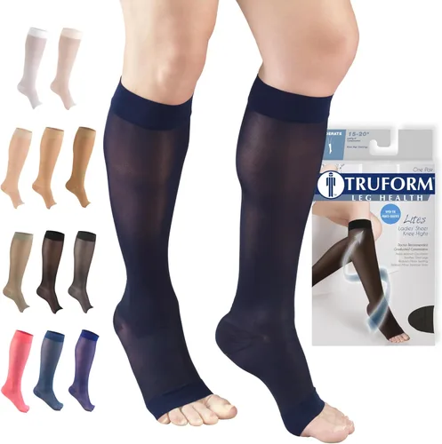 Vista 19 de Truform Medias de compresión transparentes, 15-20 mmHg, longitud hasta la rodilla para mujer, punta abierta, 20 denier, beige, talla S