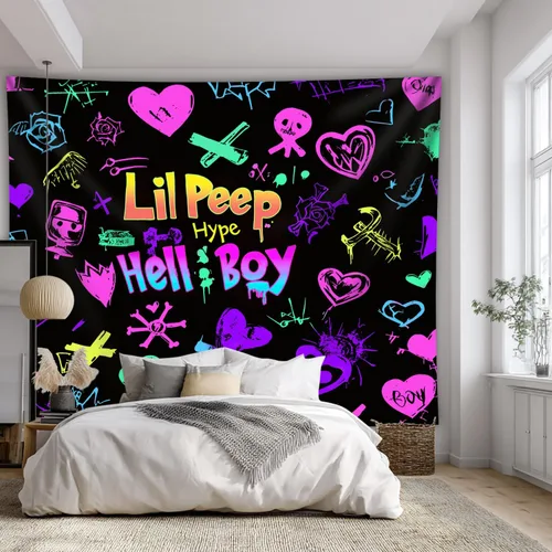 Vista 5 de PSYHILAR Tapiz de luz negra de Lil Peep para dormitorio, póster de luz negra de Hellboy, bandera UV de música de rapero (101.6 x 76.2 centímetros)