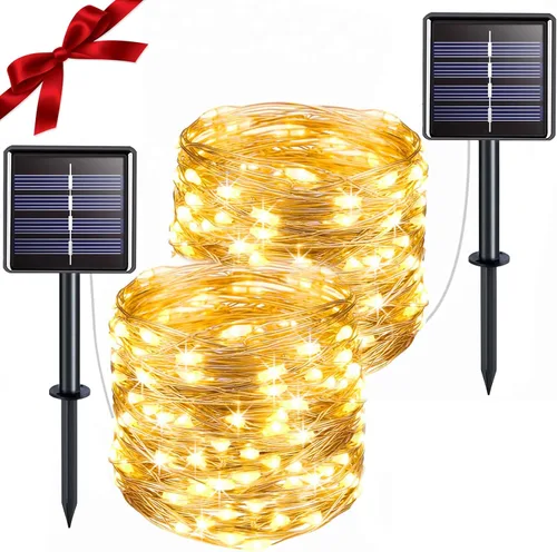 Vista 10 de suddus Paquete de 2 tiras de luces solares pequeñas de 33 pies, 100 luces LED solares azules para exteriores, 8 modos, luces solares de Navidad