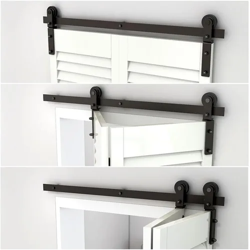 Kit de herrajes para puerta de granero plegable de 42 pulgadas, kit de riel de rodillos resistente para 2 puertas montadas en el lateral, suave y
