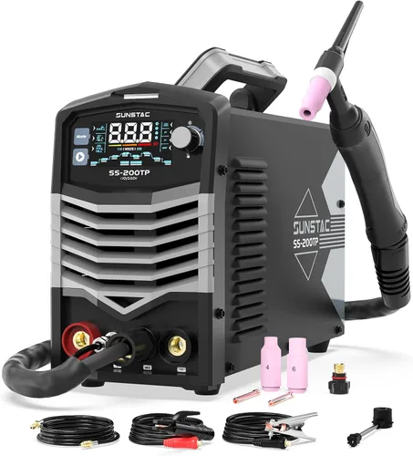 Soldador TIG de 200 A con pulso, 110 V/220 V de doble voltaje, máquina de soldadura DC TIG/TIG de pulso/TIG puntual/Stick 3 en 1, pantalla digital,