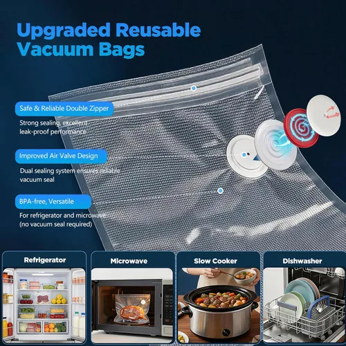 Vista 6 de Sellador al vacío compacto para alimentos con tanque visible, máquina selladora al vacío de mano, incluye 30 bolsas reutilizables, sella alimentos 6