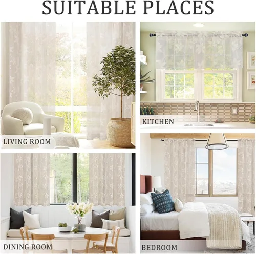 Vista 6 de DWCN Cortinas traslúcidas para cocina, bolsillo para barra de encaje floral beige, 52 x 36 pulgadas, 2 paneles Encaje Beige