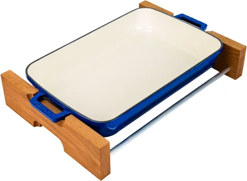 Lava Cast Iron Sartén para lasaña, tres capas de hierro fundido esmaltado, bandeja para hornear con soporte de servicio, plato rectangular apto para