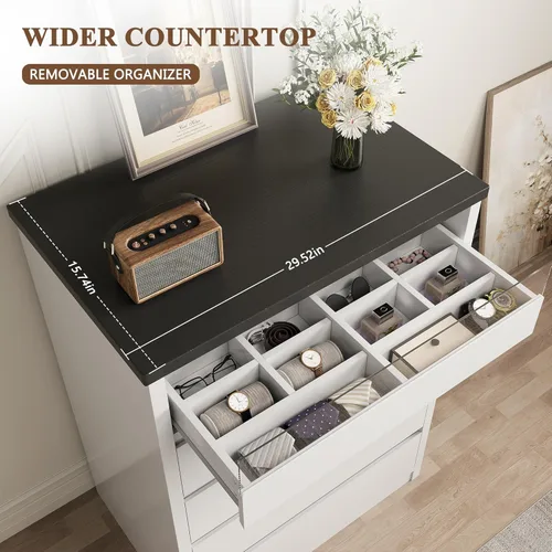 Vista 4 de Jocoevol Cómoda blanca más grande de 5 cajones para dormitorio con luz LED, cómoda moderna con asas ocultas, armario alto de madera para sala